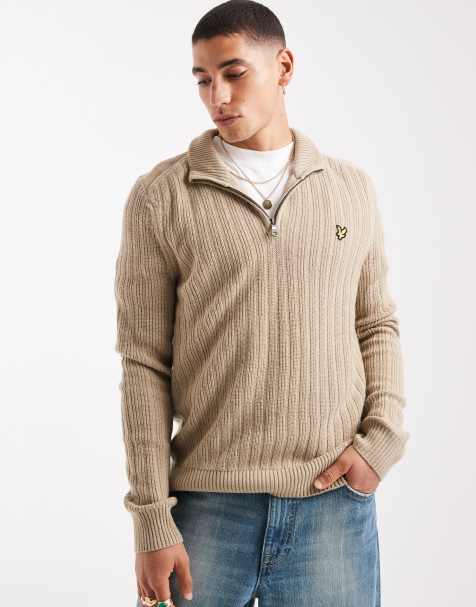 Lyle & Scott Mid knits ribbed quarter zip jumper in z151 stone - view 1