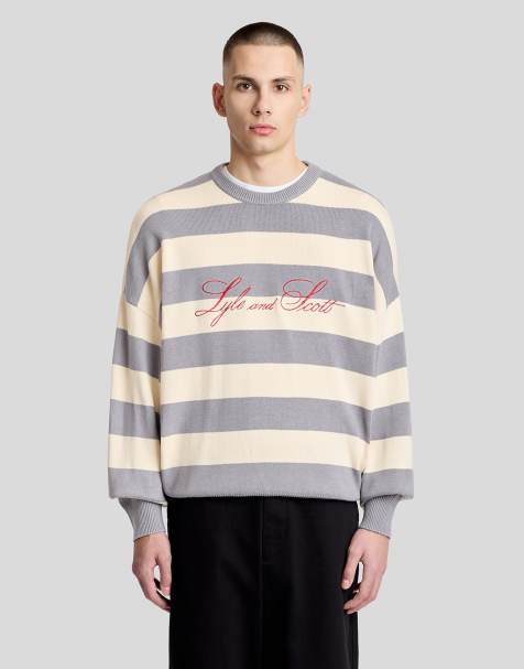 Lyle & Scott Mid knits striped embroidered jumper in y250 cool grey/ new ecru - view 1
