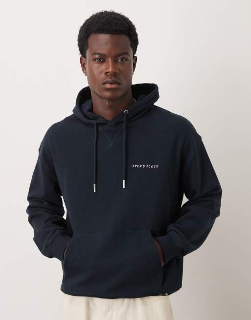 Lyle & Scott Mid layers script brushback pullover hoodie in z271 dark navy