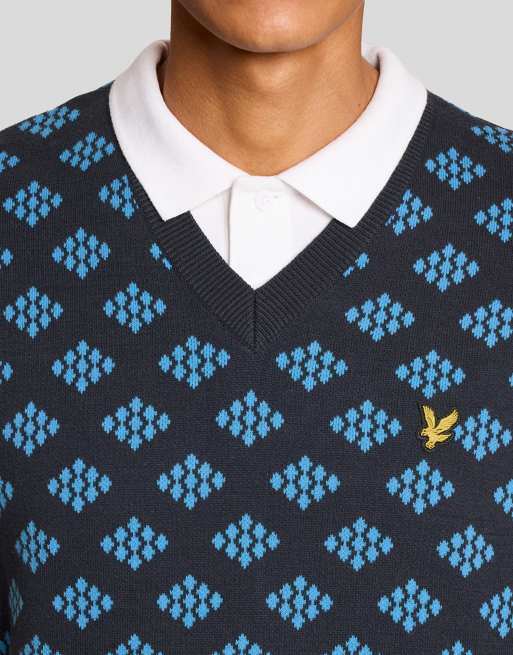 Lyle & Scott mittlerer Strick-Golf-V-Ausschnitt-Baumwoll-Argyle-Weste in z271 Dunkelmarineblau, 3 von 6