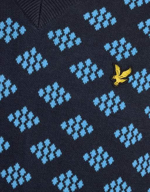Lyle & Scott mittlerer Strick-Golf-V-Ausschnitt-Baumwoll-Argyle-Weste in z271 Dunkelmarineblau, 6 von 6