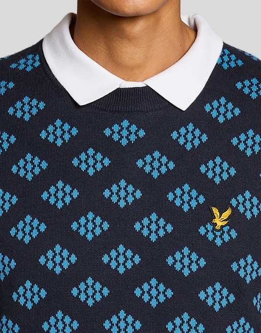 Lyle & Scott mittlerer Strick-Golfpullover mit Rundhalsausschnitt aus Baumwolle im Argyle-Muster in z271 Dunkelmarineblau, 3 von 6