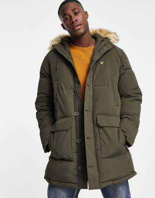 Lyle & Scott parka jacket with faux fur hood in khaki - ASOS Price Checker
