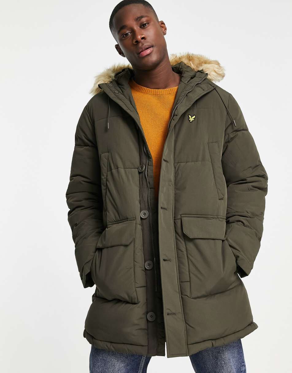 Lyle Scott parka jacket with faux fur hood in khaki www.nombre.jp