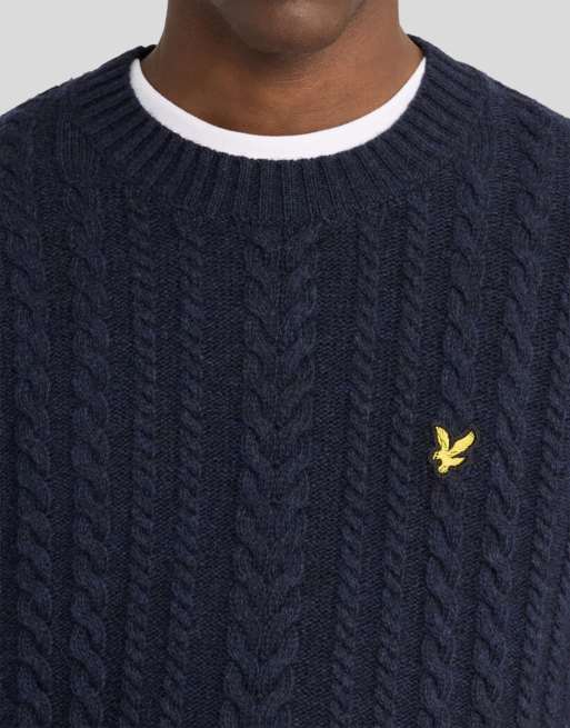 Lyle & Scott pull ras de cou en maille torsadée mi-épaisse bleu marine chiné foncé, 3 de 6