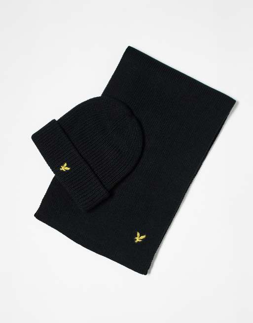 Lyle & Scott ribbed beanie & scarf set in black