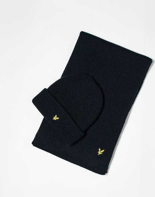 Lyle & Scott ribbed beanie & scarf set in dark blue