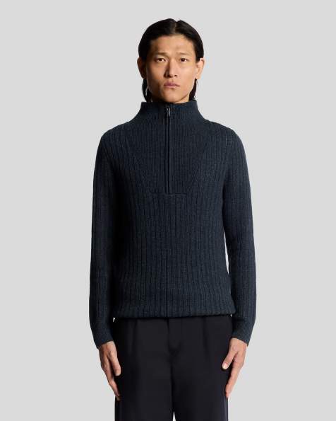 Lyle & Scott ribbed half zip jumper in dark navy marl   - view 1