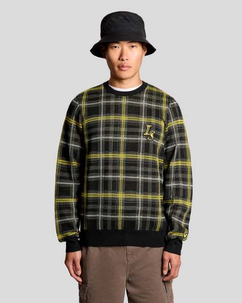 Lyle & Scott   ribbed jacquard tartan crew neck in  jet black  - view 1