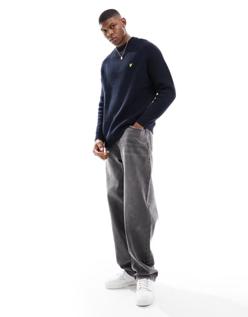 Lyle & Scott Shaker Stitch Mock Neck Jumper in Navy | ASOS