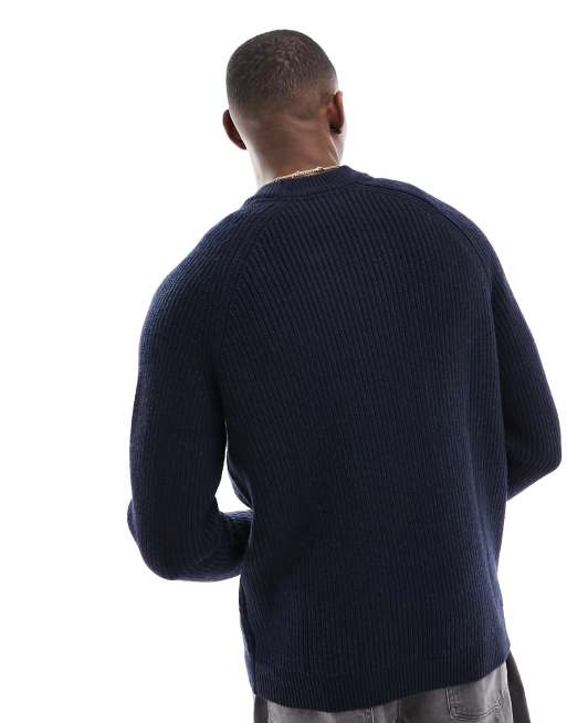 Lyle & Scott Shaker Stitch Mock Neck Jumper in Navy | ASOS