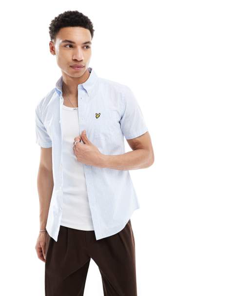 Lyle & Scott short sleeve slim fit gingham shirt in light blue/white - view 1