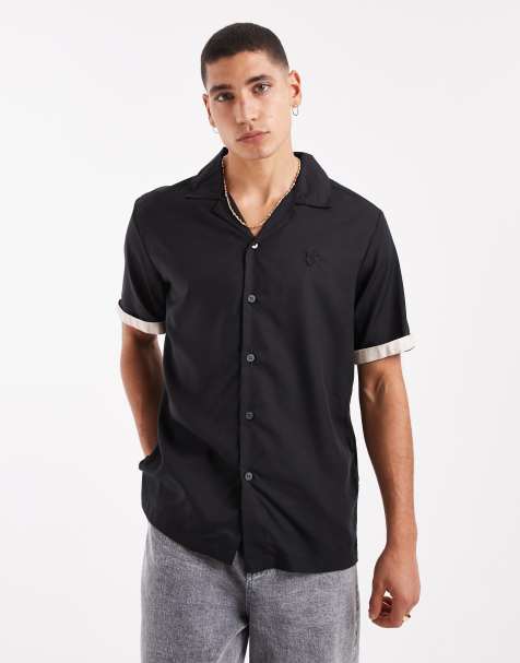 Lyle & Scott Ss woven shirt contrast cuff shirt in x837 jet black/ silk honey - view 1