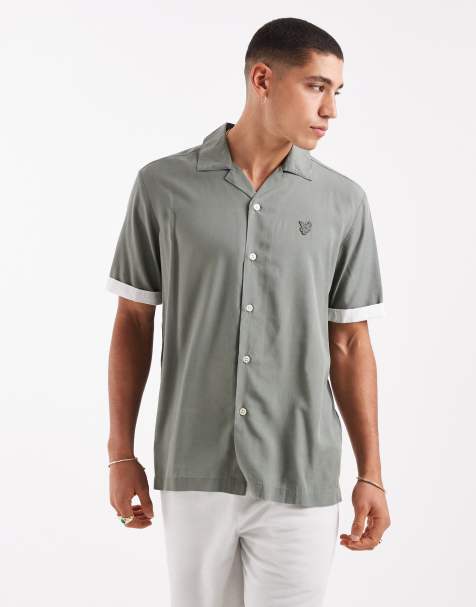 Lyle & Scott Ss woven shirt contrast cuff shirt in x838 clay green/ white