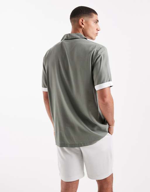 Lyle & Scott Ss woven shirt contrast cuff shirt in x838 clay green/ white, 4 of 4