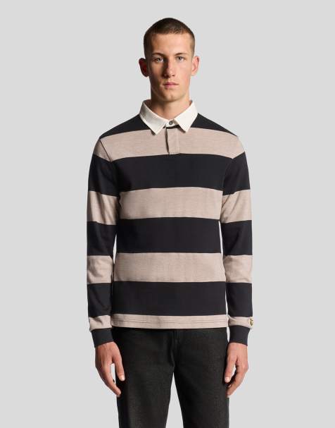 Lyle & Scott striped rugby polo shirt in  jet black/ white heather - view 1