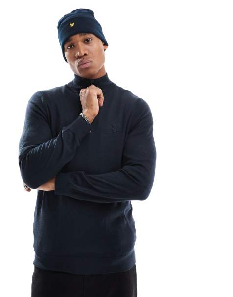 Lyle & Scott Tonal Eagle Merino Quarter Zip in Dark Blue