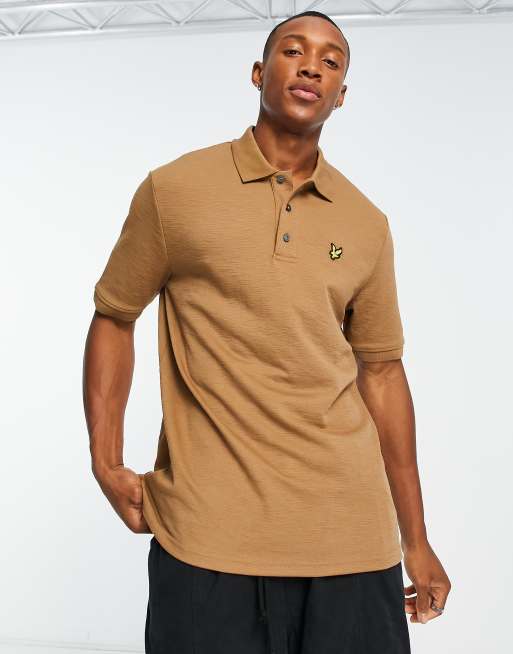 Lyle & Scott Vintage – Kurzärmliges Polohemd aus dickem Flammengarn in Beige-Kamelbraun