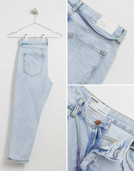 Lyseblå cropped jeans med smal pasform og snørebåndsbælte fra Bershka, 4 af 4
