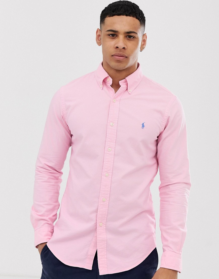 Lyserød oxford-skjorte i smal pasform med farvet spiller-logo og knapper fra Polo Ralph Lauren-Pink