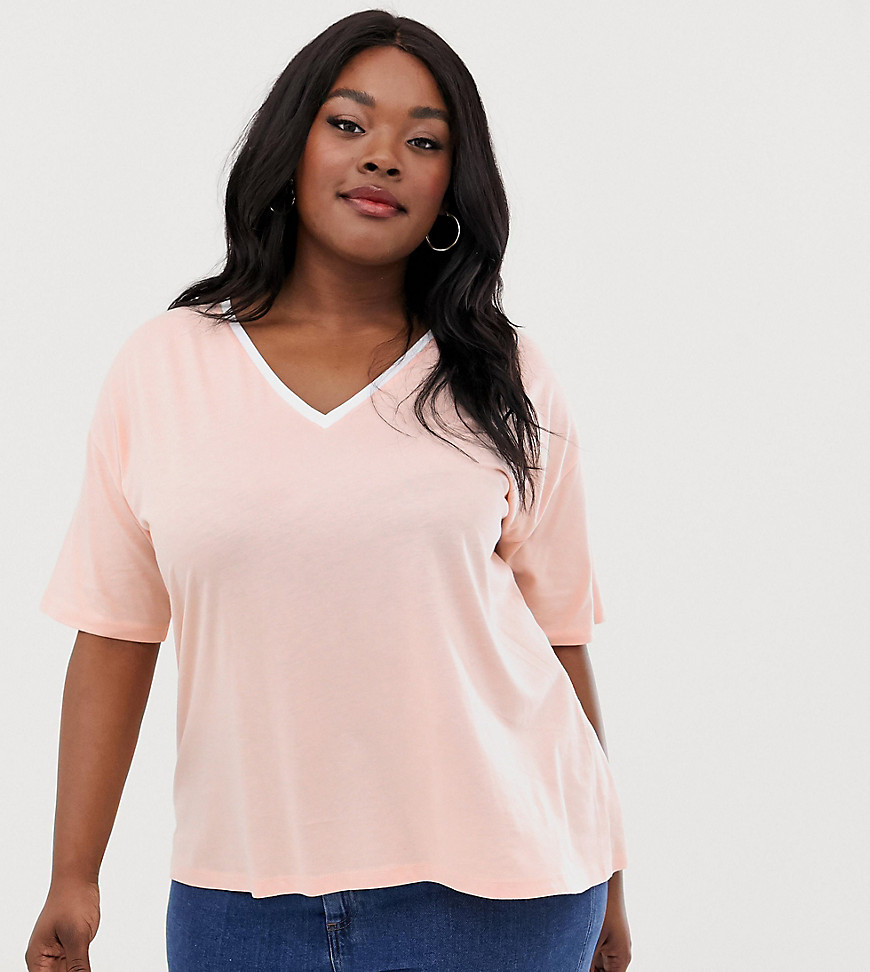 Lyserød t-shirt med v-udskæring og kontrastkant fra ASOS DESIGN Curve-Pink