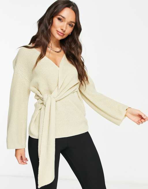 M Lounge - Cardigan con cuciture spesse e allacciatura beige avena