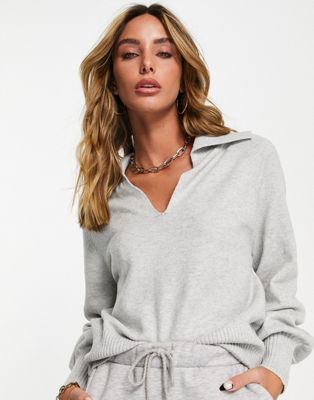 M Lounge co-ord deep-v puff sleeve soft jumper in soft grey