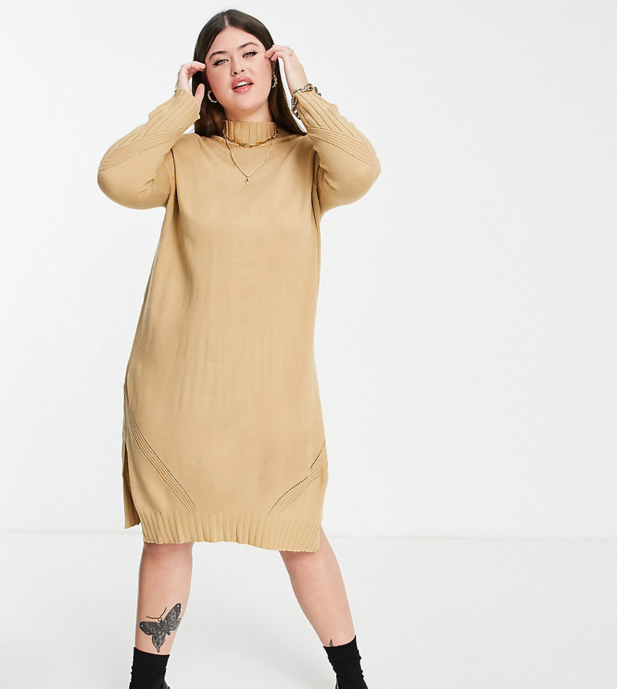 M Lounge Curve midi jumper dress with high neck and rib hem in pastel knit-Brown