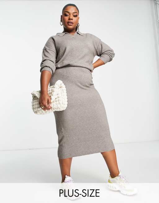 M Lounge Curve midi overlay dress with collar in alpaca taupe | ASOS