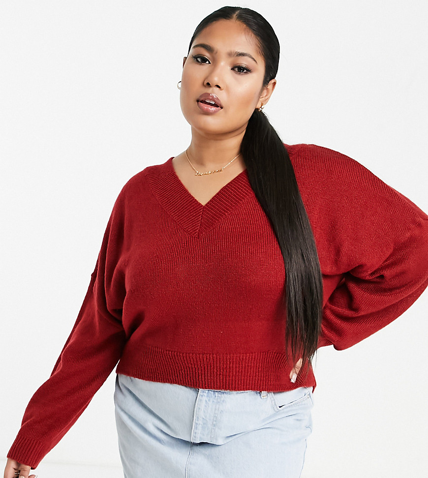 relaxed v neck sweater with balloon sleeves - part of a set-Red