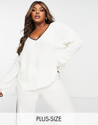 M Lounge Curve tipped slouchy v-neck ribbed jumper co-ord in white ice