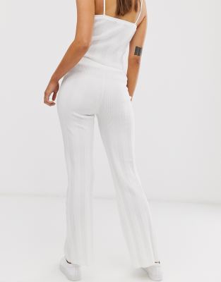 white ribbed flare pants