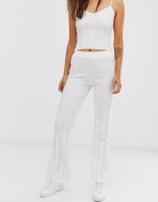 white ribbed flare pants