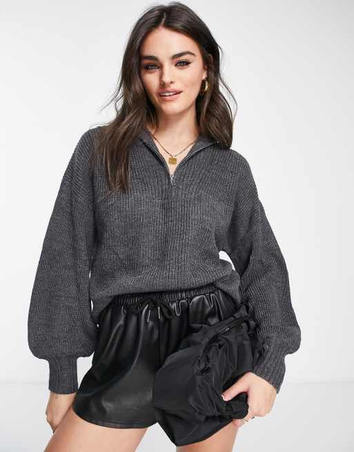  M Lounge half zip funnel neck sweater in charcoal gray heather