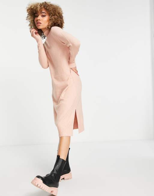 M Lounge - Hoogsluitende midi trui-jurk met geribbelde gebreide boord in pastelkleurig breisel, 4 van 4