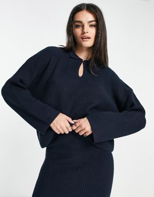 M Lounge keyhole detail stitchy rib co-ord jumper in french navy