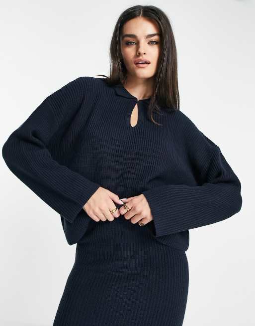  M Lounge keyhole detail stitchy rib jumper in french navy (part of a set)