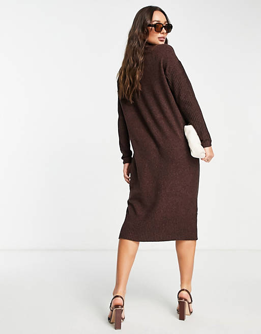 Women M Lounge knitted rib sleeve maxi dress in chocolate brown 
