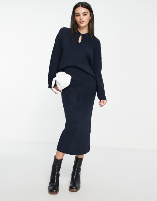  M Lounge longline stitchy rib midaxi skirt in french navy - part of a set