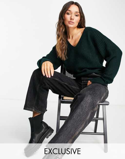 M Lounge - Maglione comodo verde con scollo a V e cuciture