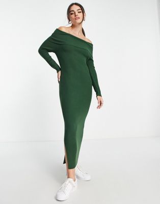  M Lounge off-shoulder ribbed maxi dress in forest green - ASOS Price Checker
