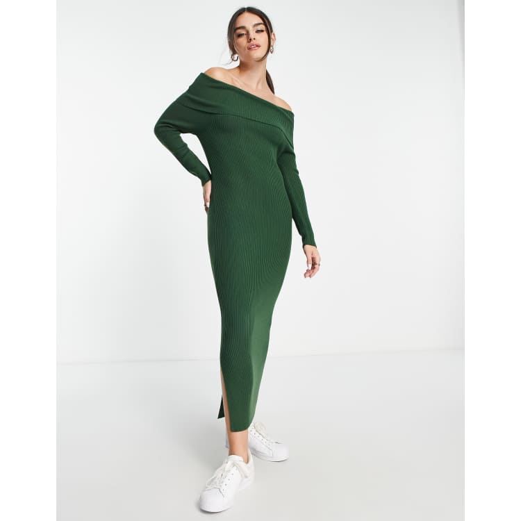 M Lounge off shoulder ribbed maxi dress in forest green ASOS