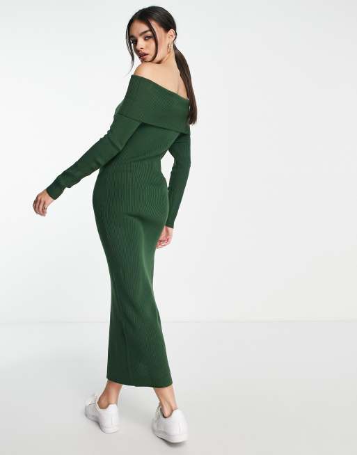 M Lounge off-shoulder ribbed maxi dress in forest green