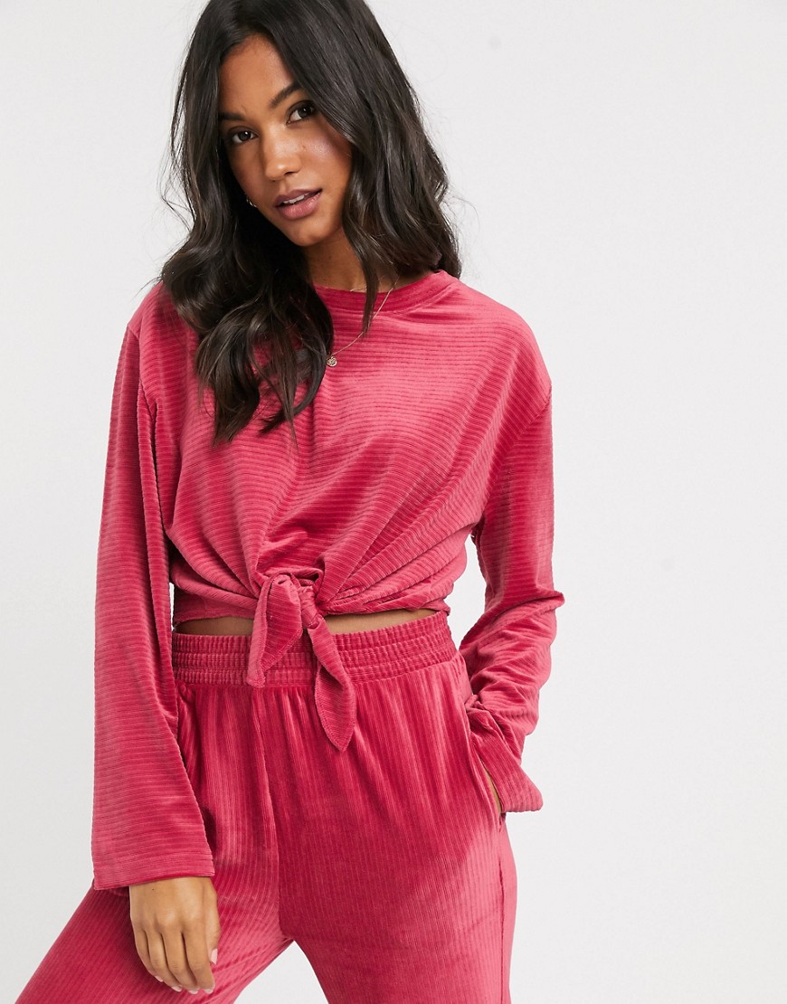 M Lounge tie front ribbed top co-ord in baby corduroy-Pink