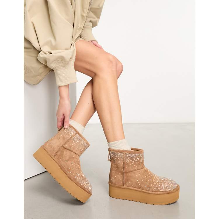 Madden Girl Ease HR short rhinestone boots in tan ASOS