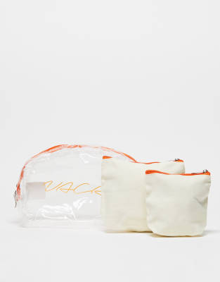 Madein. Madein. 3 pack vacay cosmetics bags in clear and orange