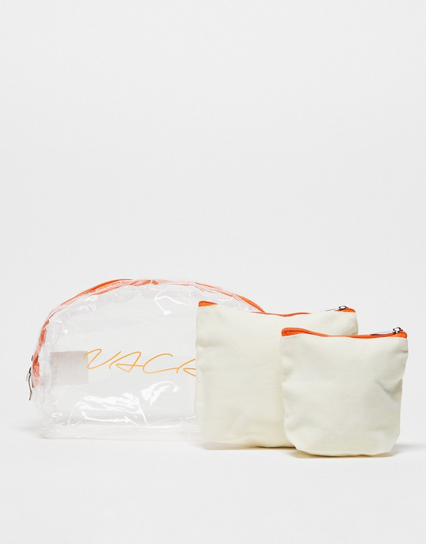 3 pack vacay cosmetics bags in clear and orange