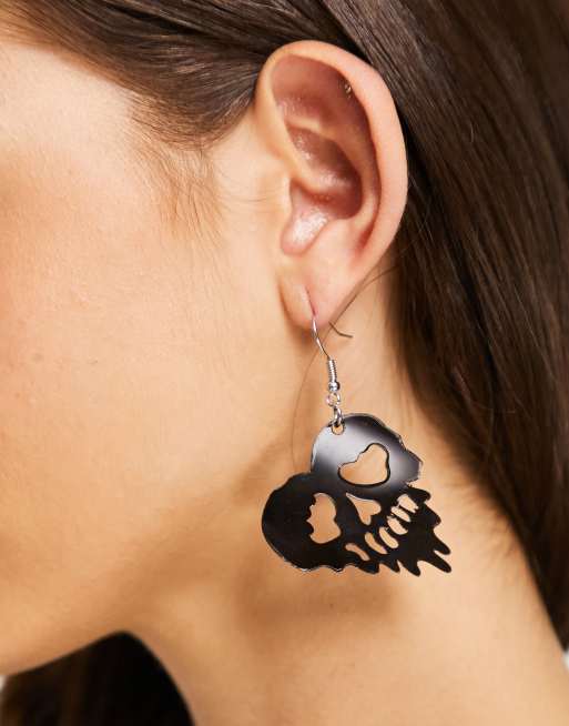 Madein. - Boucles d'oreilles avec motif tête de mort en cœur - Noir