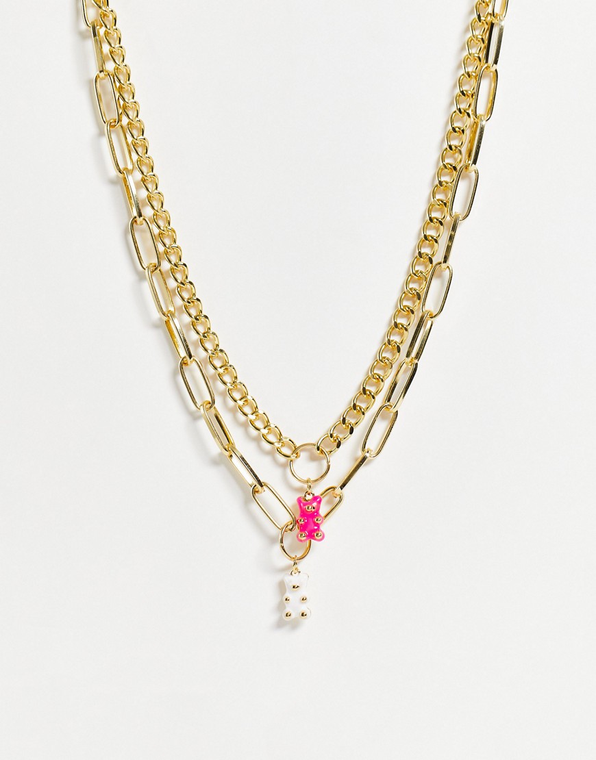 Madein chunky chain necklace in gold with a pink and white gummy bear charm