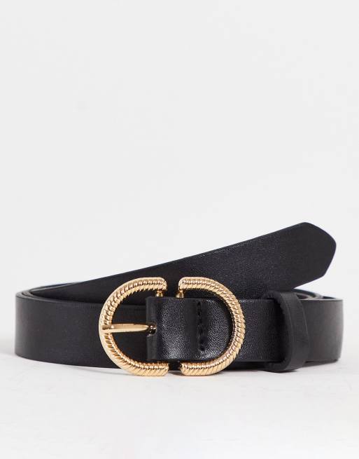 Madein - Cintura nera con fibbia intrecciata color oro effetto corda